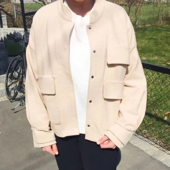 H&M bomber overcoat chore jacket large pockets off white cream shirt minimal - Picture 4 of 13